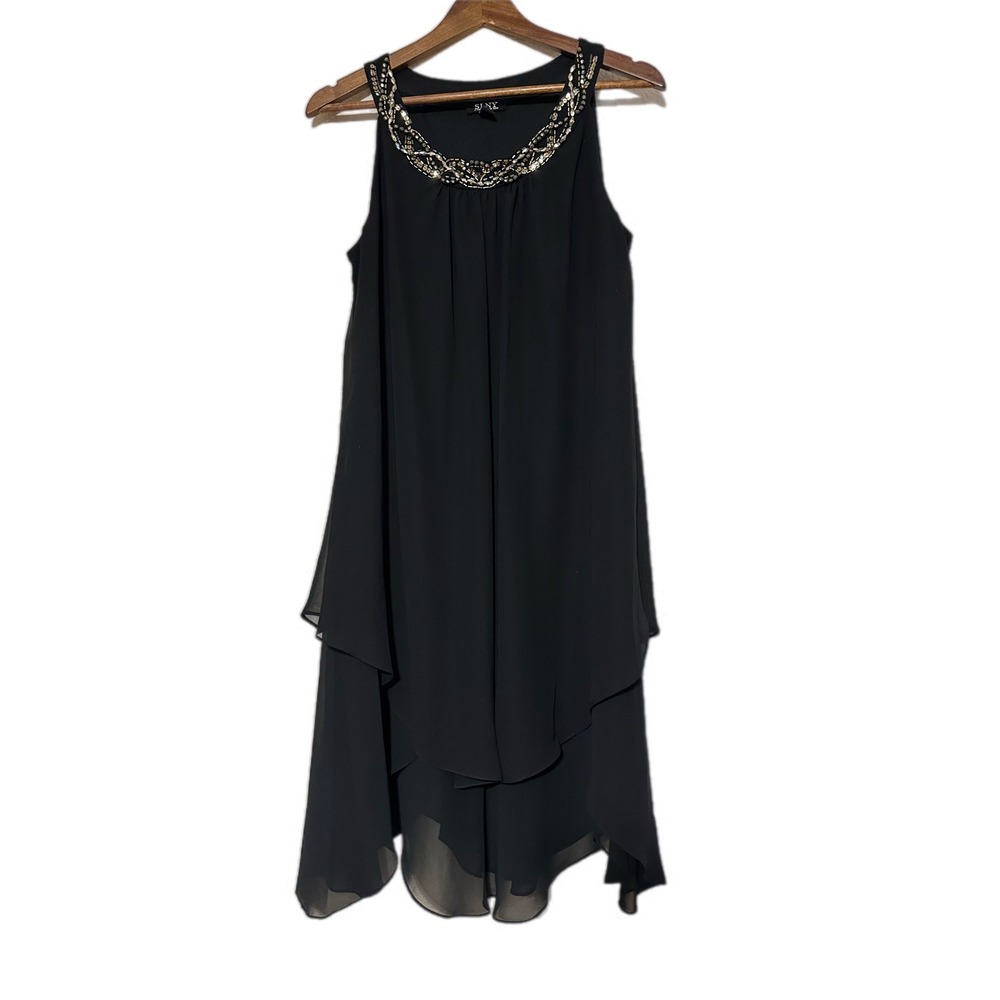SLNY Beaded Neckline Tiered Chiffon Dress Womens 12 Black High‎ Low 118834